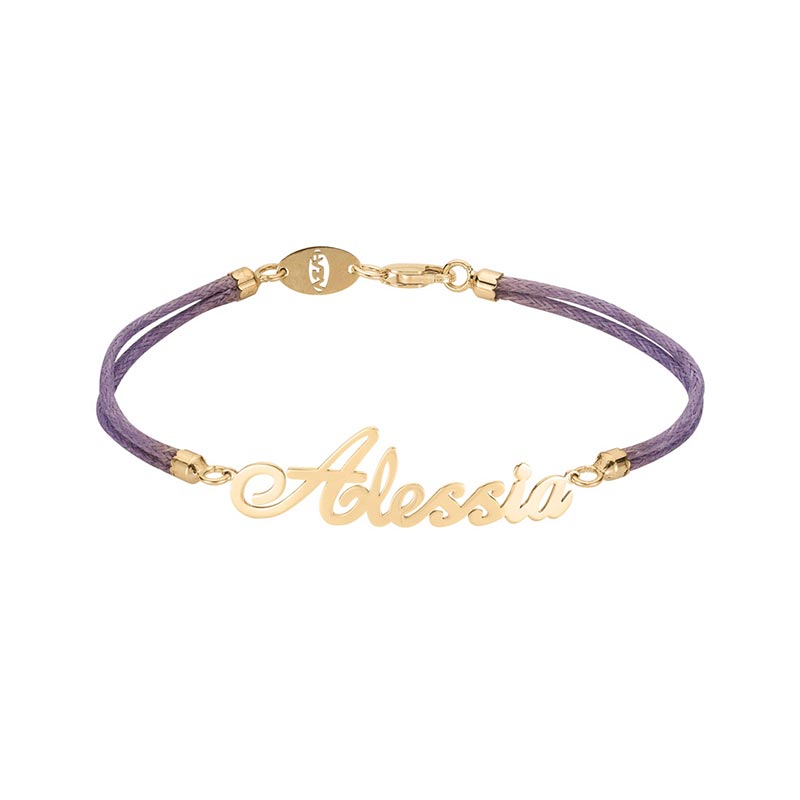 Bracciale doppio laccio viola in Oro 18kt con nome personalizzato