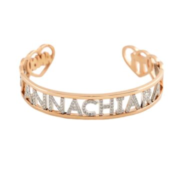 Bracciale Personalizzato Argento 925 Aperto con Zirconi Cuori e Nome
