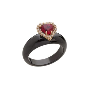 Anello in ceramica oro 18kt fascia stretta taglio cuore con zirconi