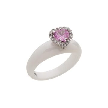 Anello in ceramica oro 18kt fascia stretta taglio cuore con zirconi