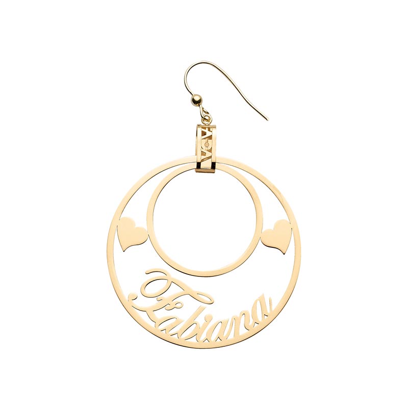 Orecchini forma rotonda in Oro 18kt con nome e cuori laterali