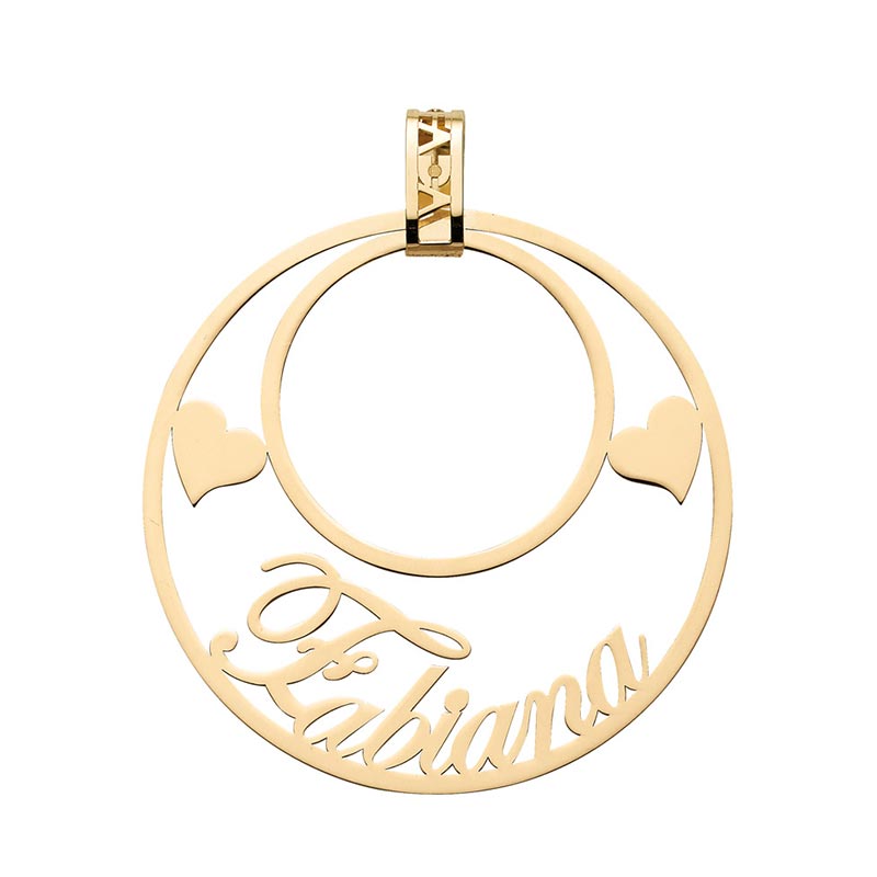 Pendente in Oro 18kt con nome personalizzato e cuori laterali