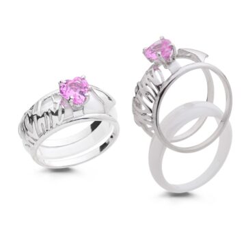 Anello con nome personalizzabile e pietra taglio cuore con anello interno in ceramica bianca sottile argento 925